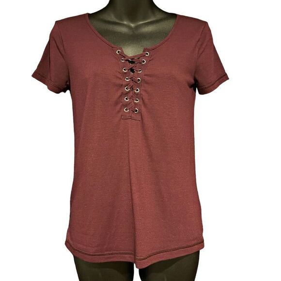 SO Burgundy Maroon Short Sleeve Peasant Blouse Women’s XXS - Picture 1 of 3